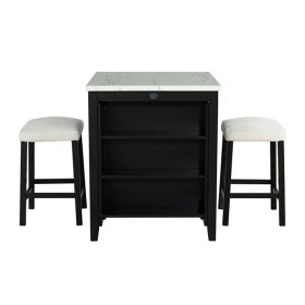 Black Dining Table Storage Side Shelves 2x Stools High Gloss Table Top White / Ivory 3pc Dining Set
